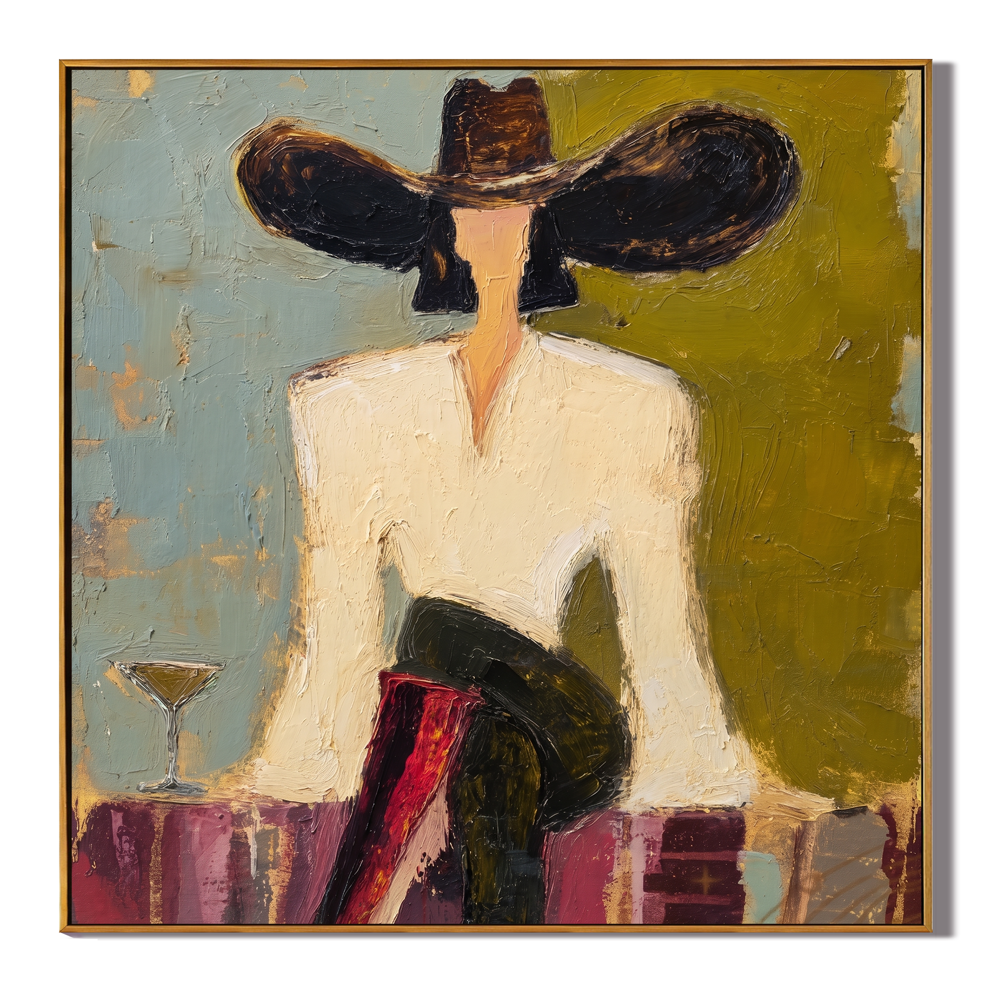 Black Brim Cocktail – Woman in Hat with Martini Painting | Vintage Americana Square Art