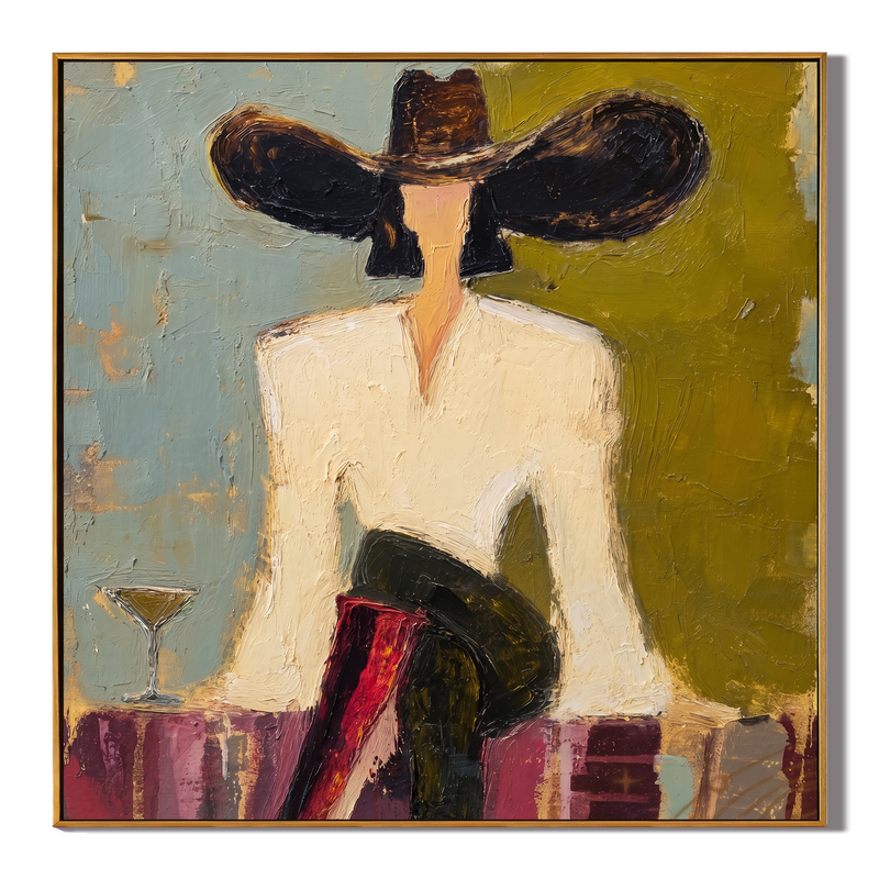 Black Brim Cocktail – Woman in Hat with Martini Painting | Vintage Americana Square Art