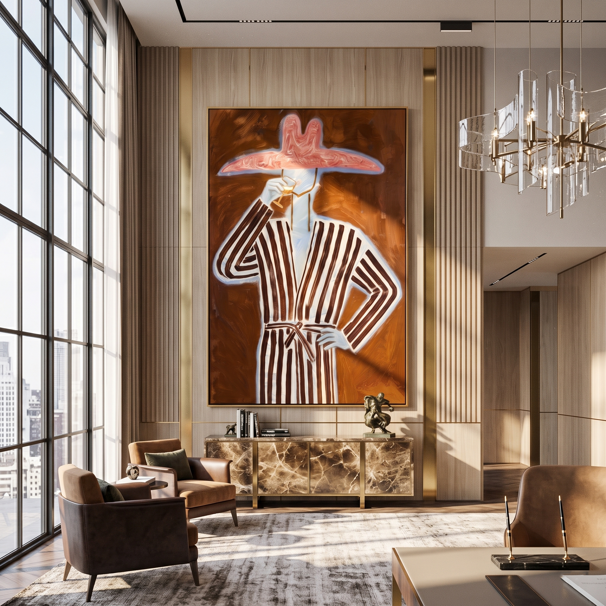 Striped Reverie – Figure in Robe with Pink Hat & Wine Painting | Vintage Americana Vertical Art