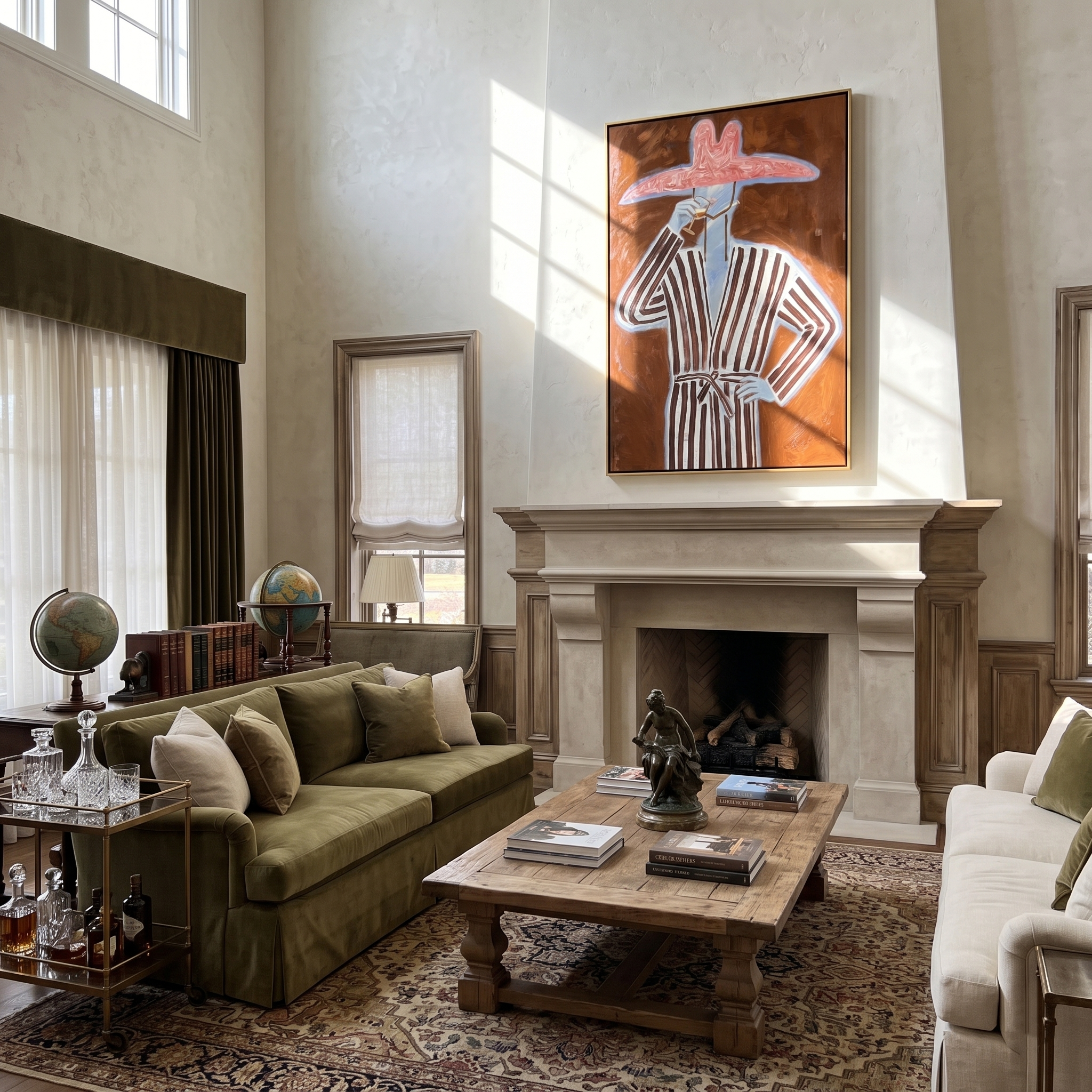 Striped Reverie – Figure in Robe with Pink Hat & Wine Painting | Vintage Americana Vertical Art