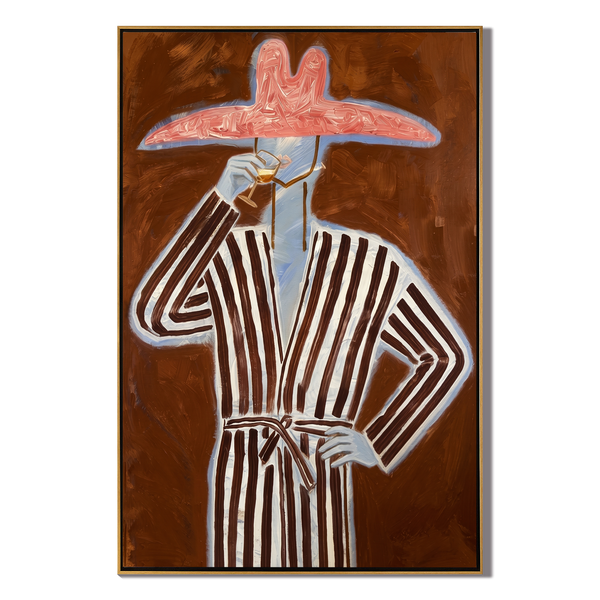 Striped Reverie – Figure in Robe with Pink Hat & Wine Painting | Vintage Americana Vertical Art