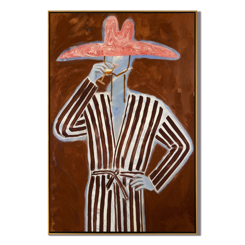 Striped Reverie – Figure in Robe with Pink Hat & Wine Painting | Vintage Americana Vertical Art