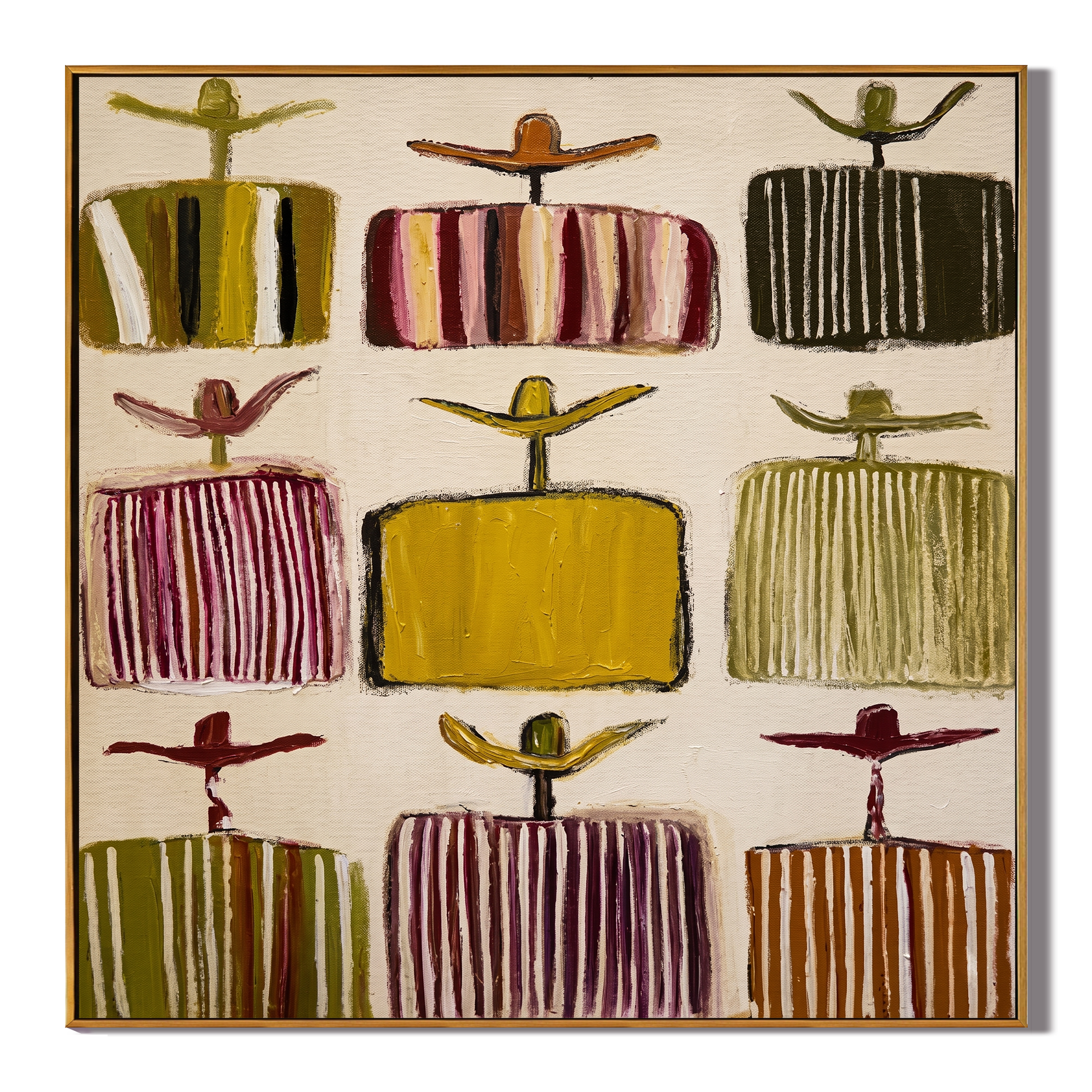 Poncho Gallery – Nine Abstract Hat & Poncho Figures Grid Painting | Vintage Americana Square Art