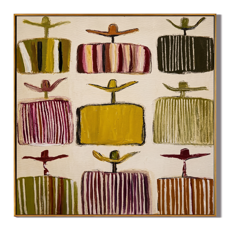 Poncho Gallery – Nine Abstract Hat & Poncho Figures Grid Painting | Vintage Americana Square Art