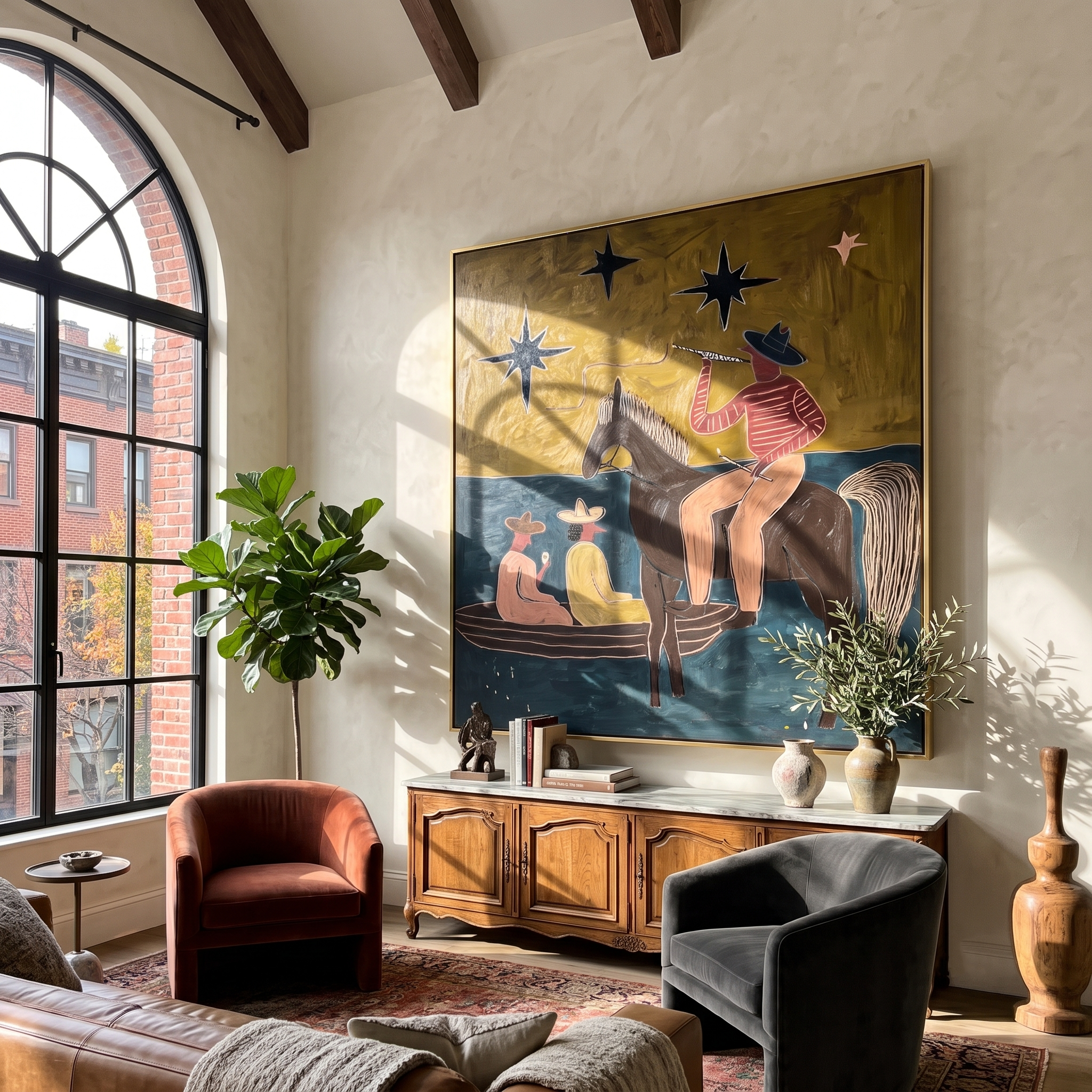 Prairie Sun – Americana Woman in Summer Dress Painting | Boho Chic Square Living Room Art