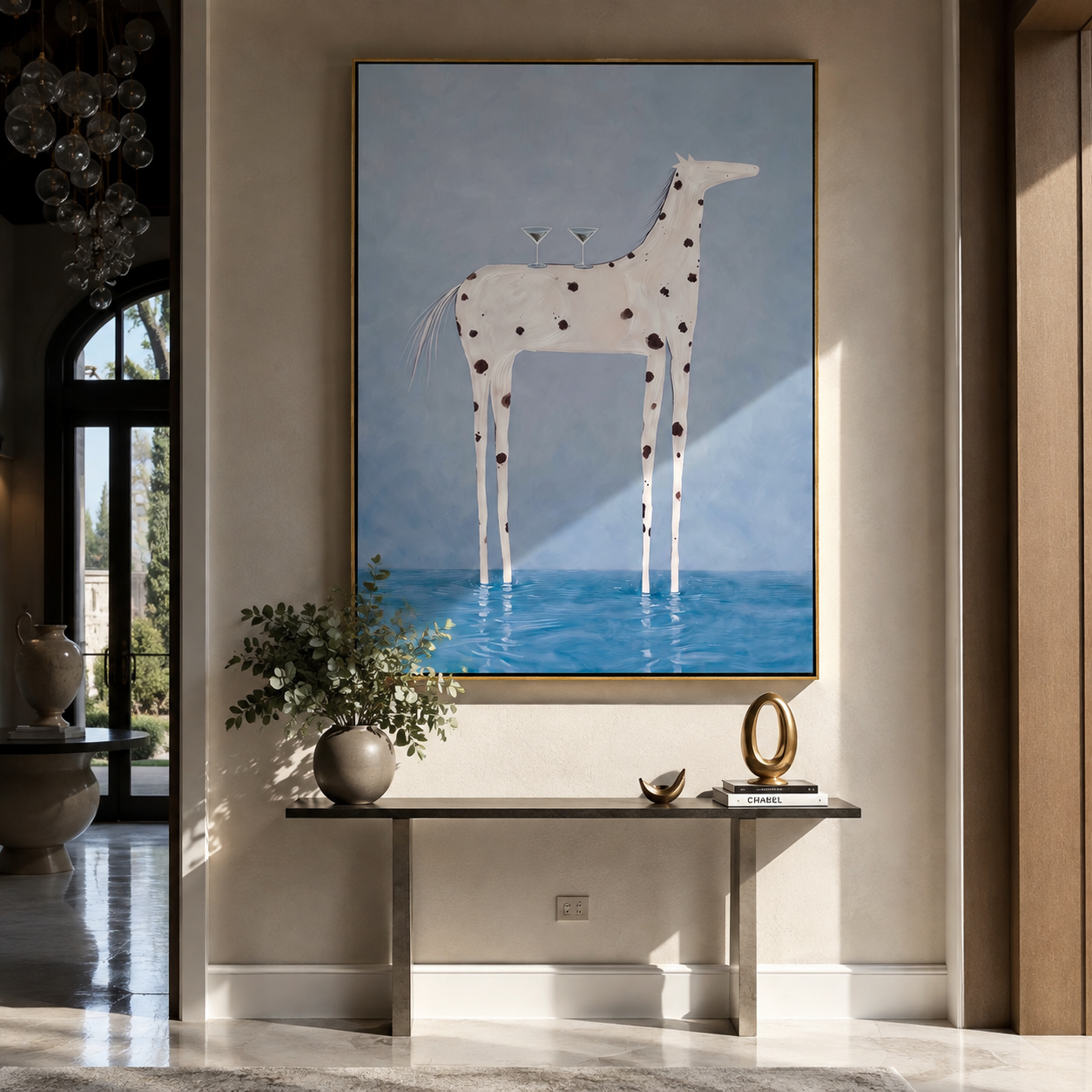 Cocktail Hour Wading Horse – blue and white surreal horse painting, vertical hand-painted canvas art