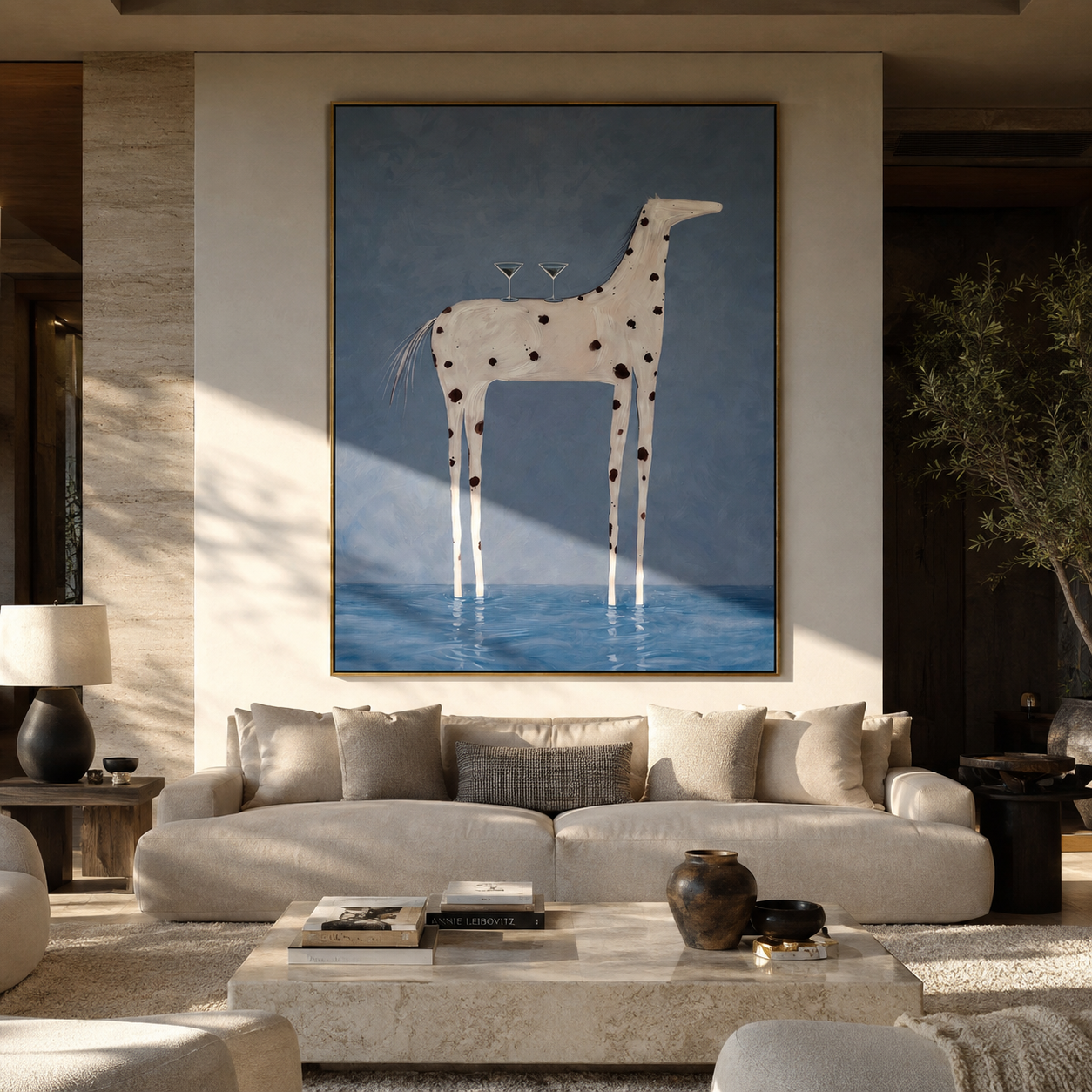 Whimsical spotted horse artwork hung above a console table in an entryway