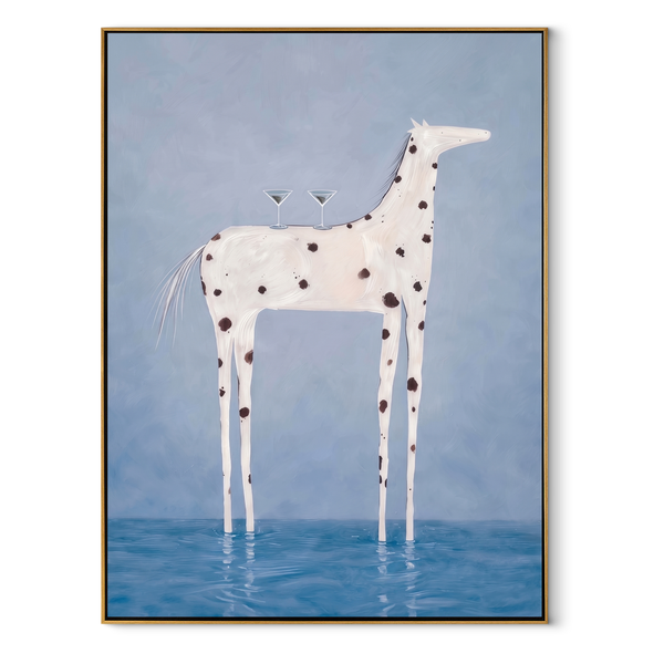 Cocktail Hour Wading Horse – Surreal White Horse & Martini Painting | Whimsical Modern Living Room Wall Art