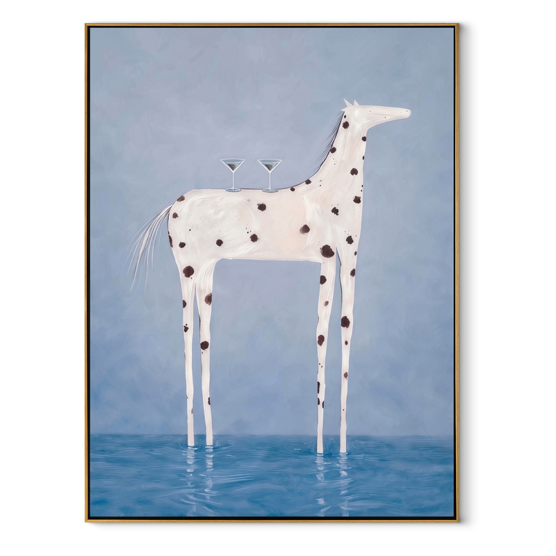 Cocktail Hour Wading Horse – Surreal White Horse & Martini Painting | Whimsical Modern Living Room Wall Art