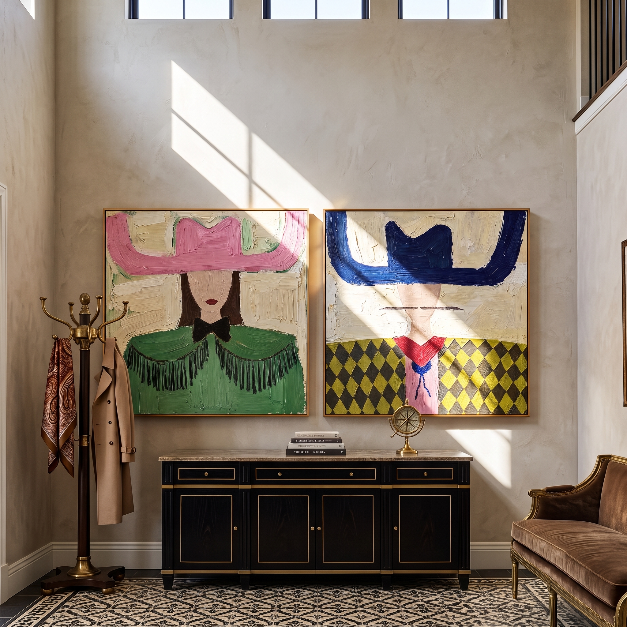 Mesa Wind – Americana Woman with Woven Accessory Painting | Boho Chic Square Living Room Art