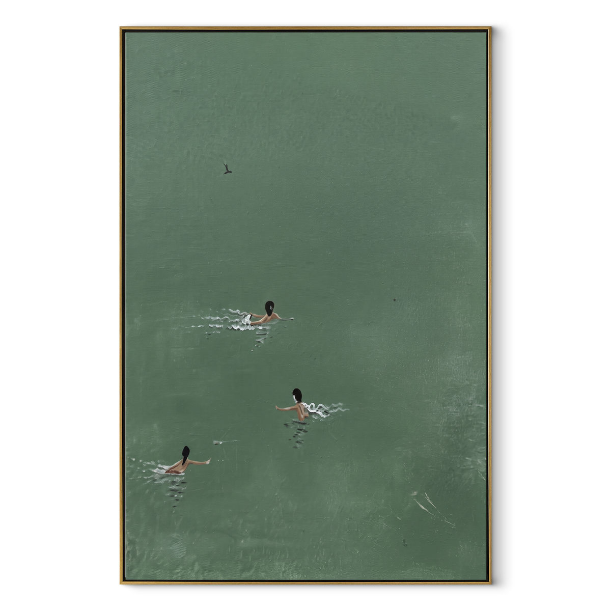 Deep Green Crossings - aerial swimmers painting in a wood frame on white