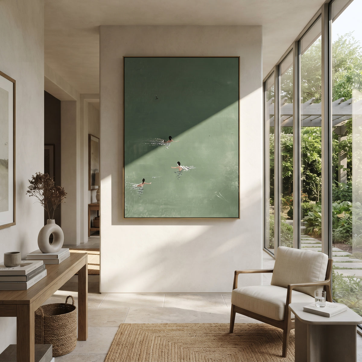 Deep Green Crossings - aerial swimmers painting shown in modern room setting 4