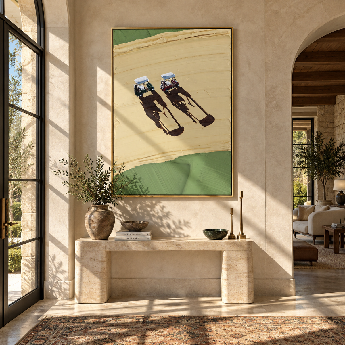 Twin Tracks on Ochre - aerial cyclists painting displayed in a styled interior