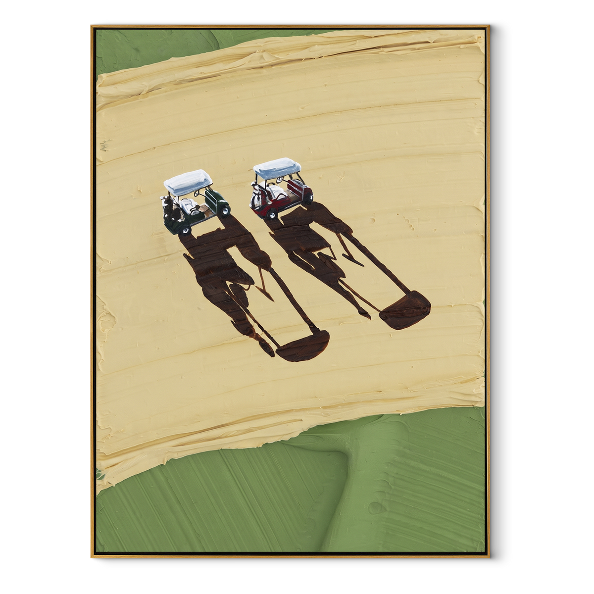 Twin Tracks on Ochre - aerial cyclists painting in a wood frame on white