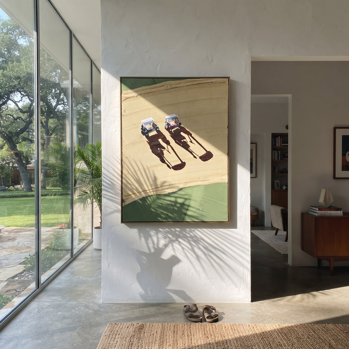 Twin Tracks on Ochre - aerial cyclists painting shown in modern room setting 2