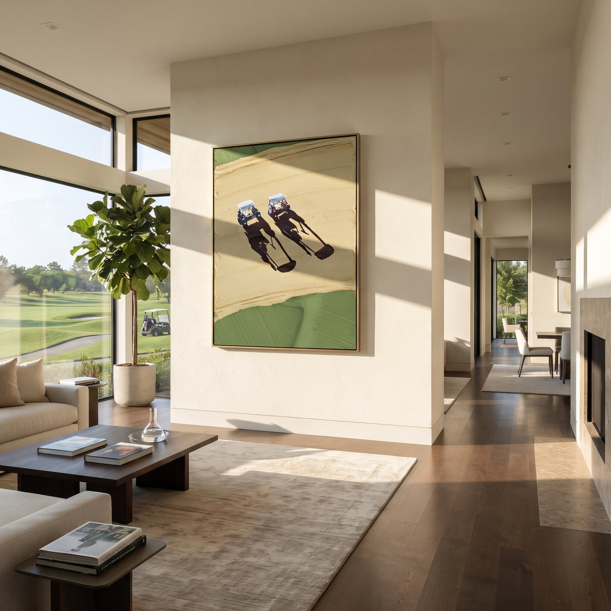 Twin Tracks on Ochre - aerial cyclists painting shown in modern room setting 3
