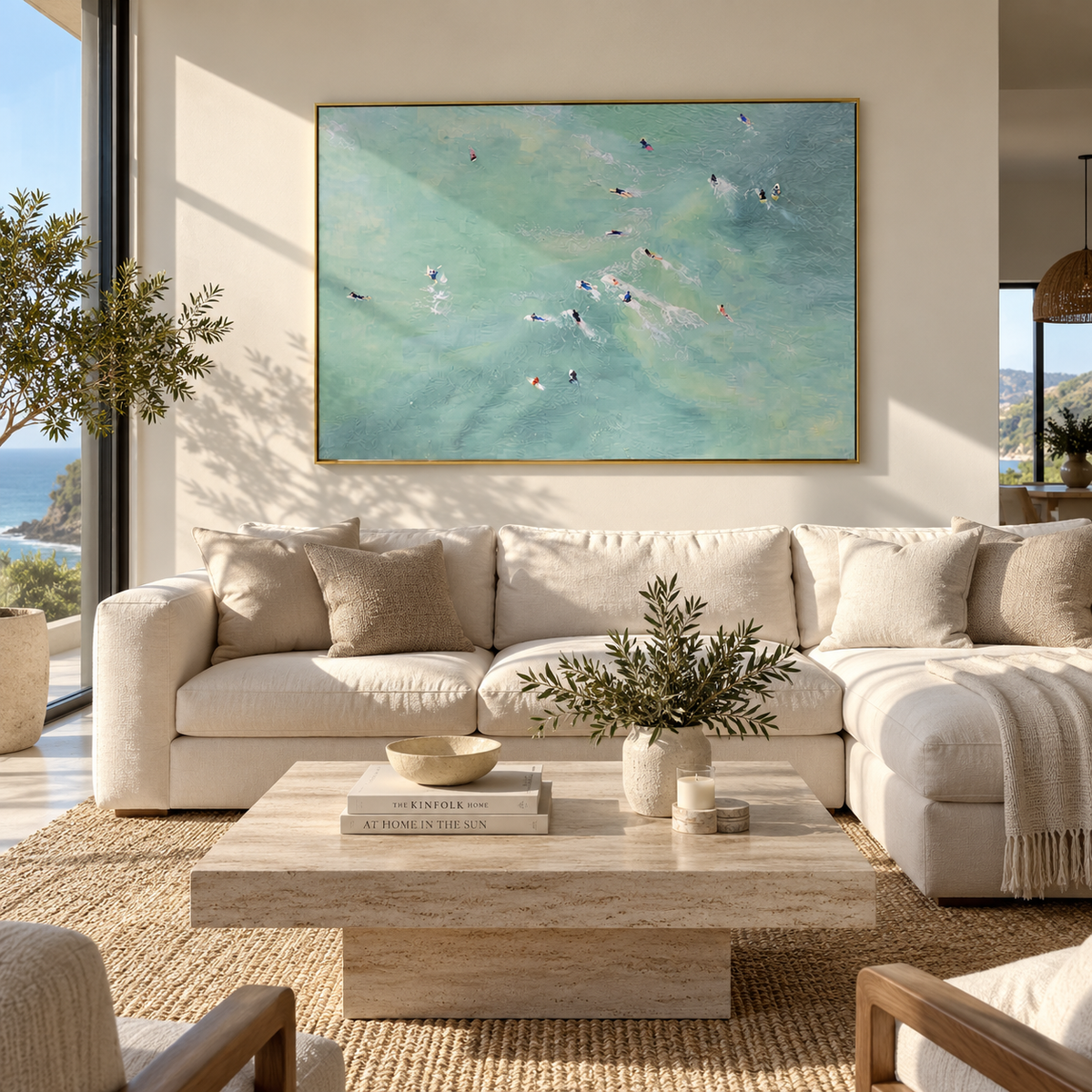 Pale Water Gathering - aerial swimmers painting displayed in a styled interior