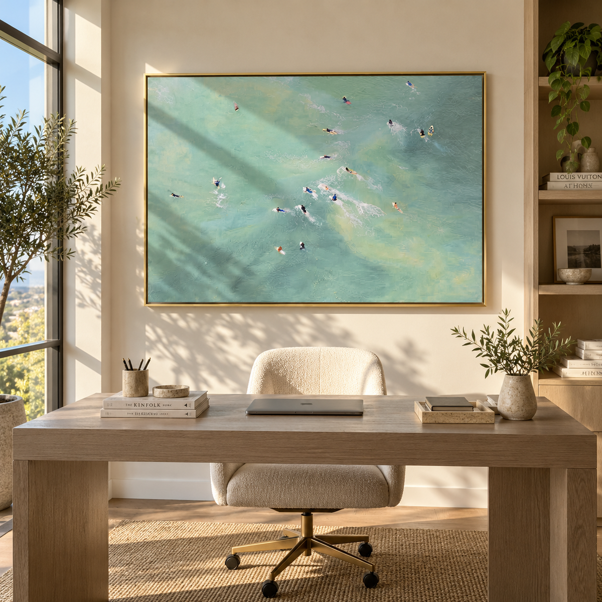Pale Water Gathering - aerial swimmers painting shown in modern room setting 2