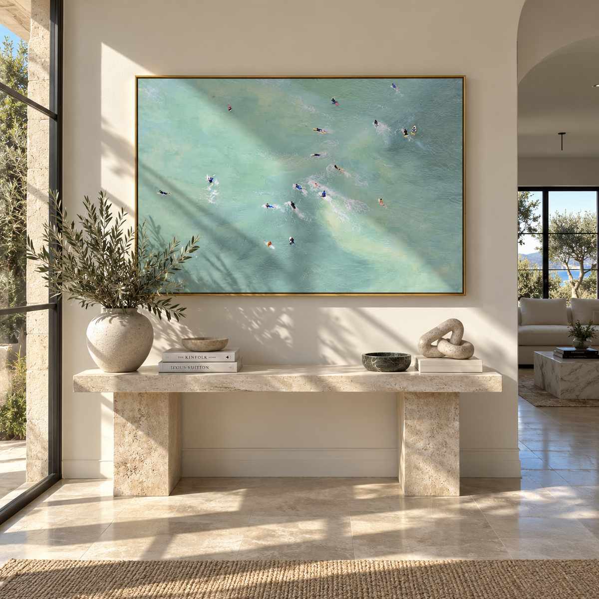 Pale Water Gathering - aerial swimmers painting shown in modern room setting 4