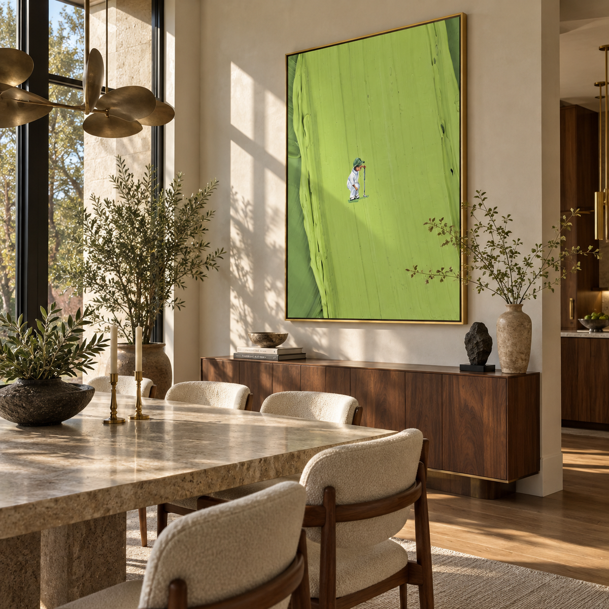 Lone Figure in Lime - minimal golfer painting shown in modern room setting 3
