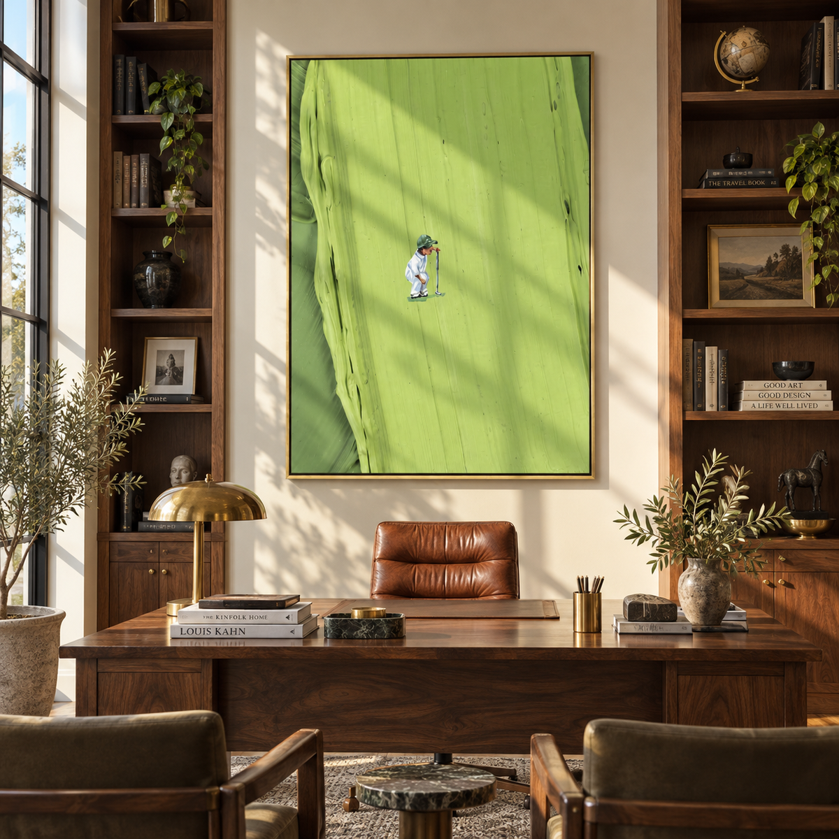 Lone Figure in Lime - minimal golfer painting shown in modern room setting 4