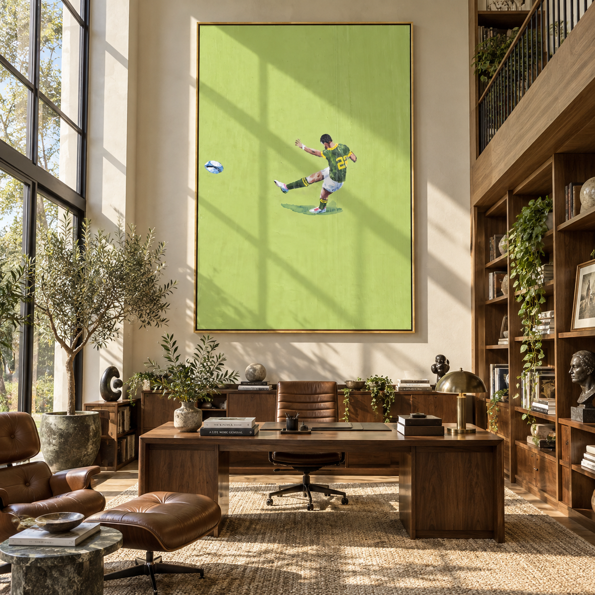 Kick Across Green - soccer player painting displayed in a styled interior