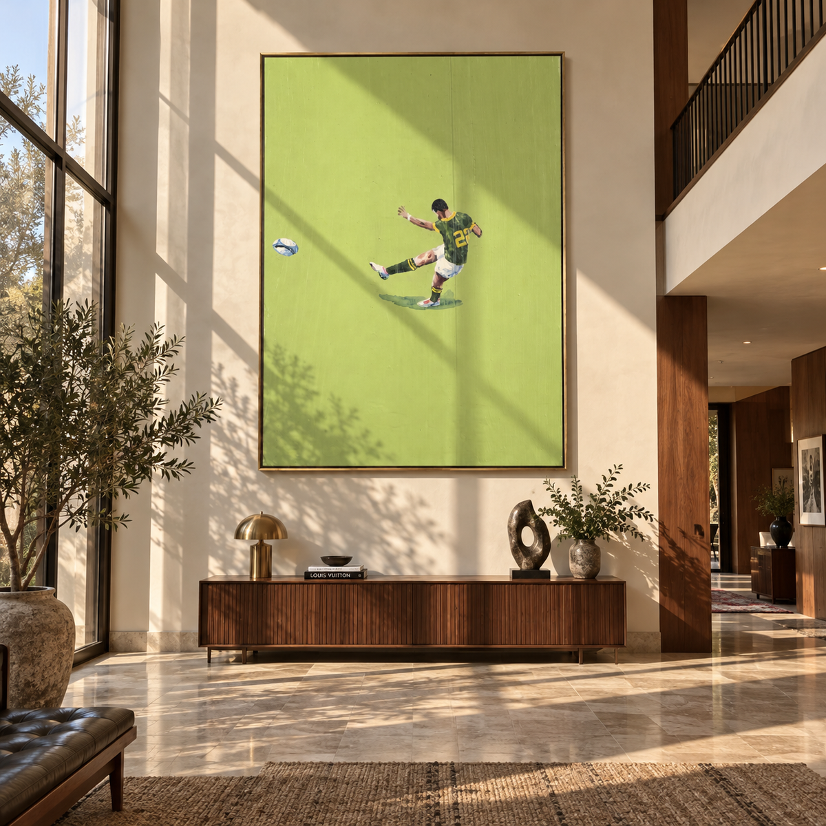 Kick Across Green - soccer player painting shown in modern room setting 2