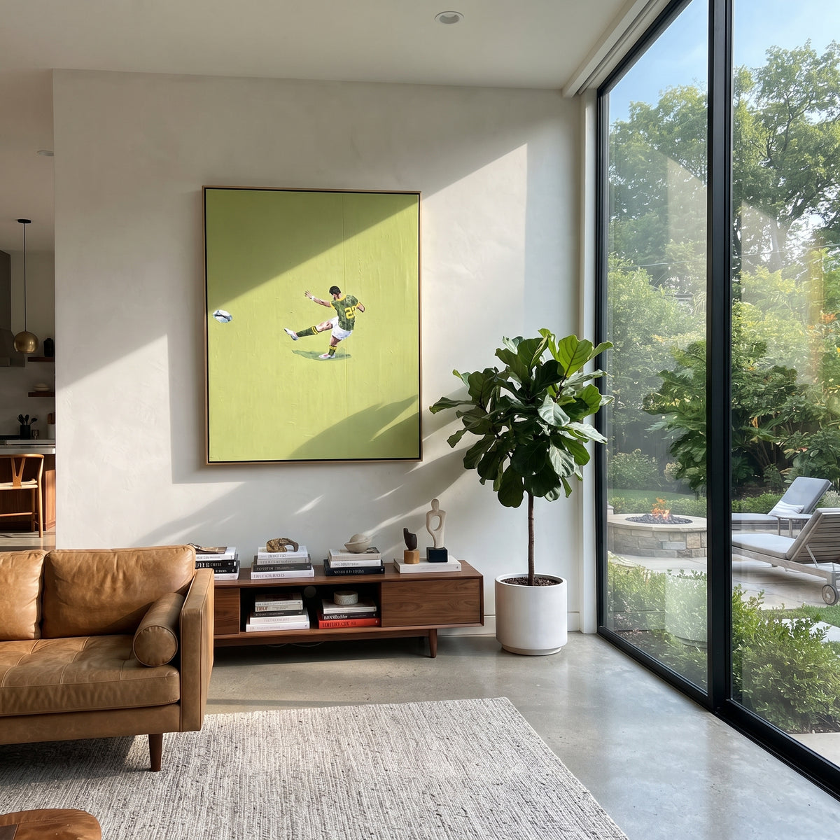 Kick Across Green - soccer player painting shown in modern room setting 3