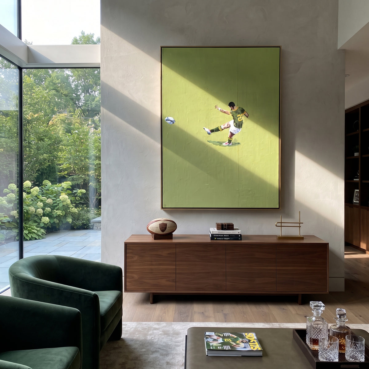 Kick Across Green - soccer player painting shown in modern room setting 4