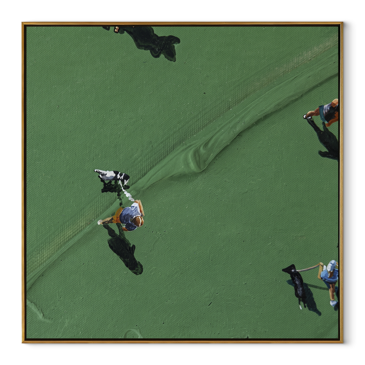 Long Shadows on Green - aerial golfers painting in a wood frame on white