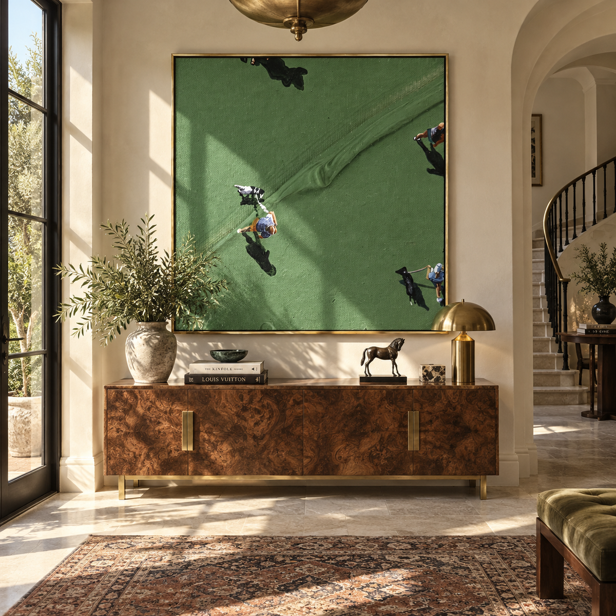 Long Shadows on Green - aerial golfers painting shown in modern room setting 2