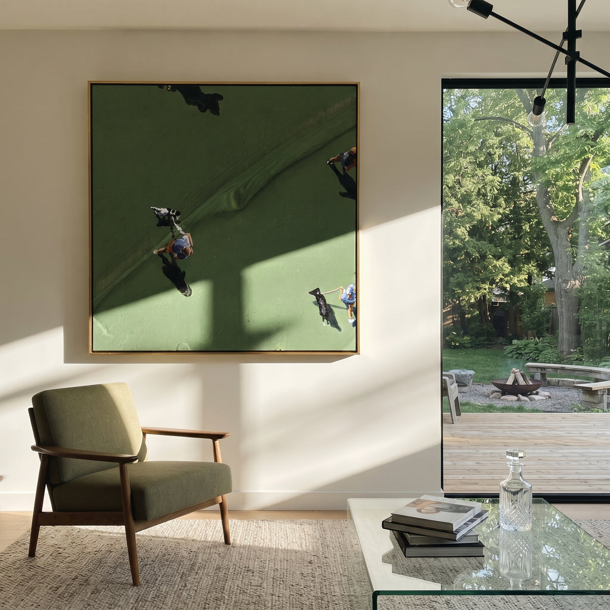 Long Shadows on Green - aerial golfers painting shown in modern room setting 3