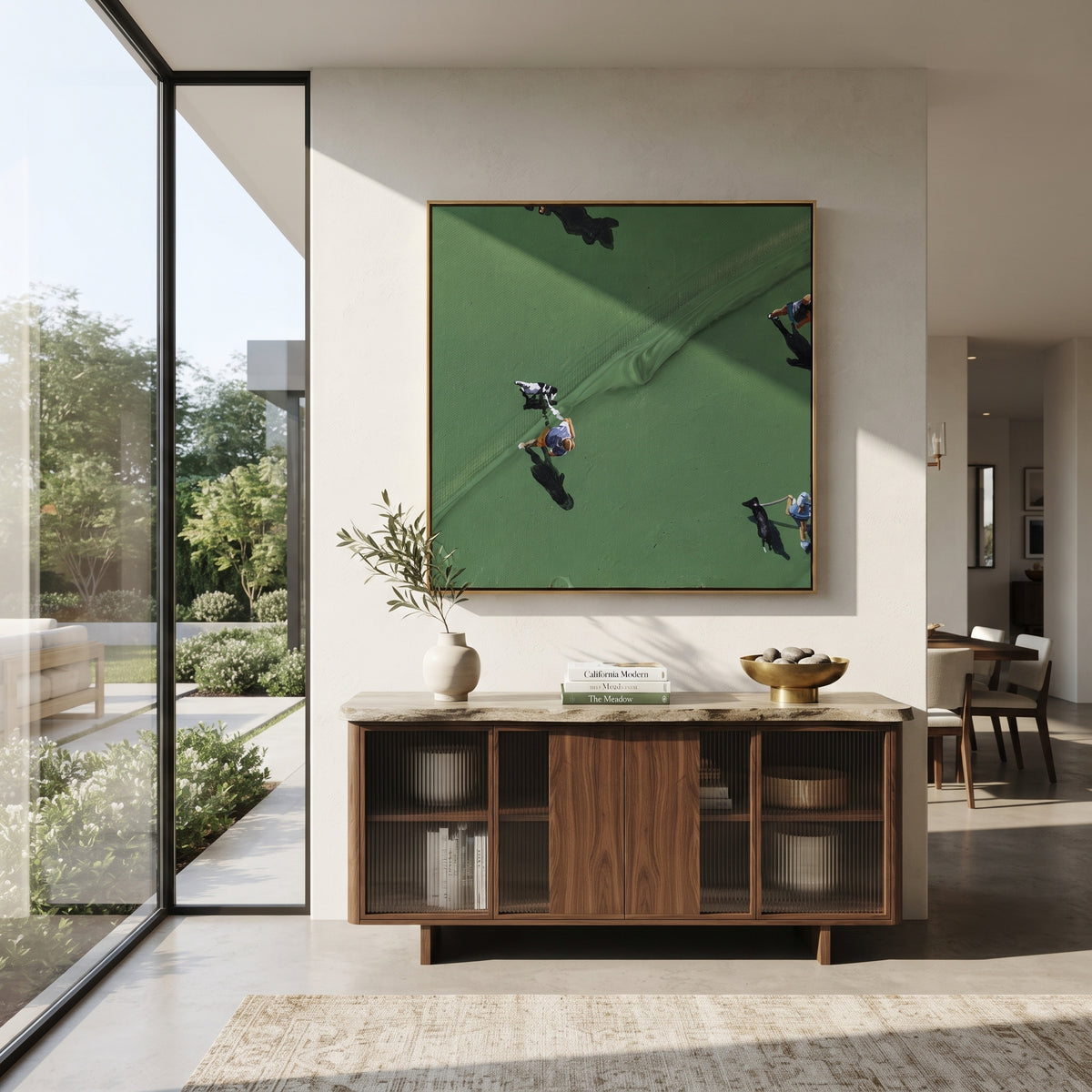 Long Shadows on Green - aerial golfers painting shown in modern room setting 4