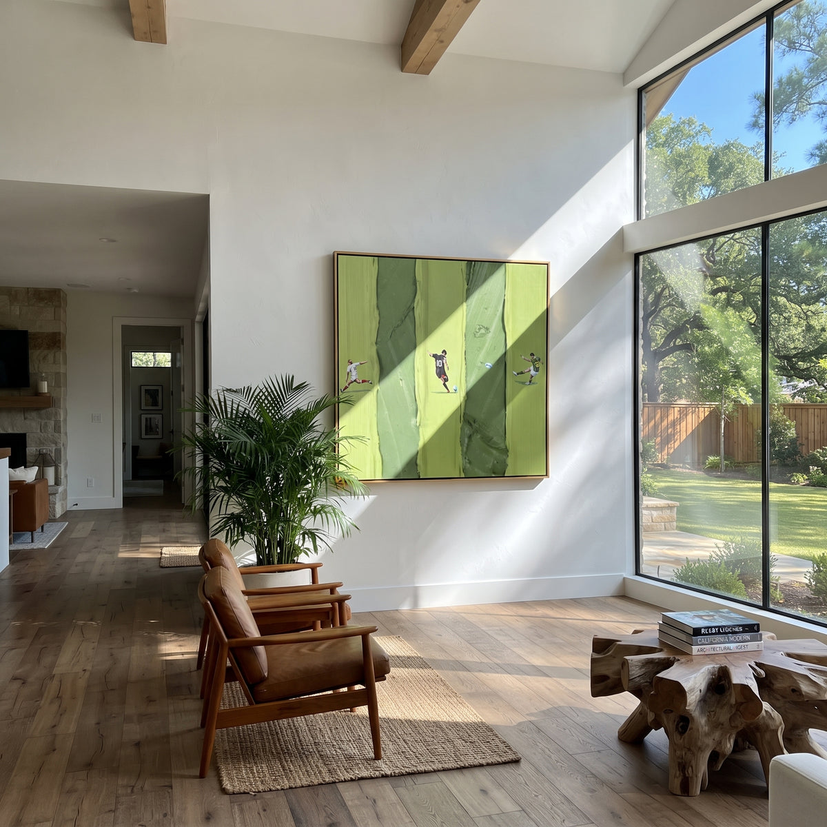 Three Lanes in Spring - aerial sports painting displayed in a styled interior