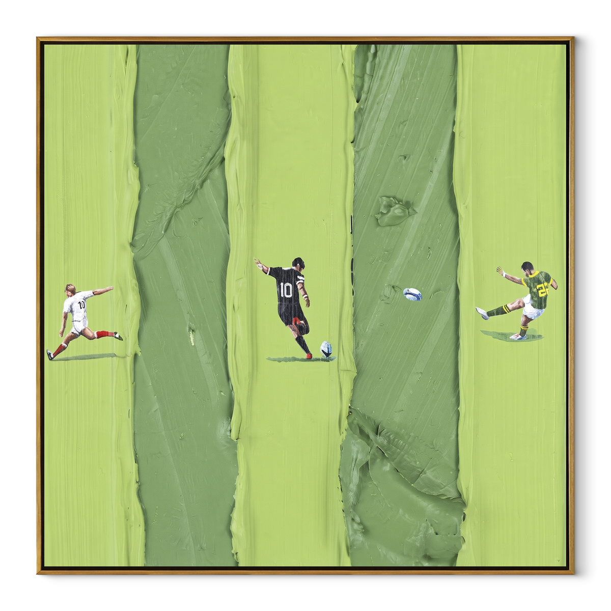 Three Lanes in Spring - aerial sports painting in a wood frame on white