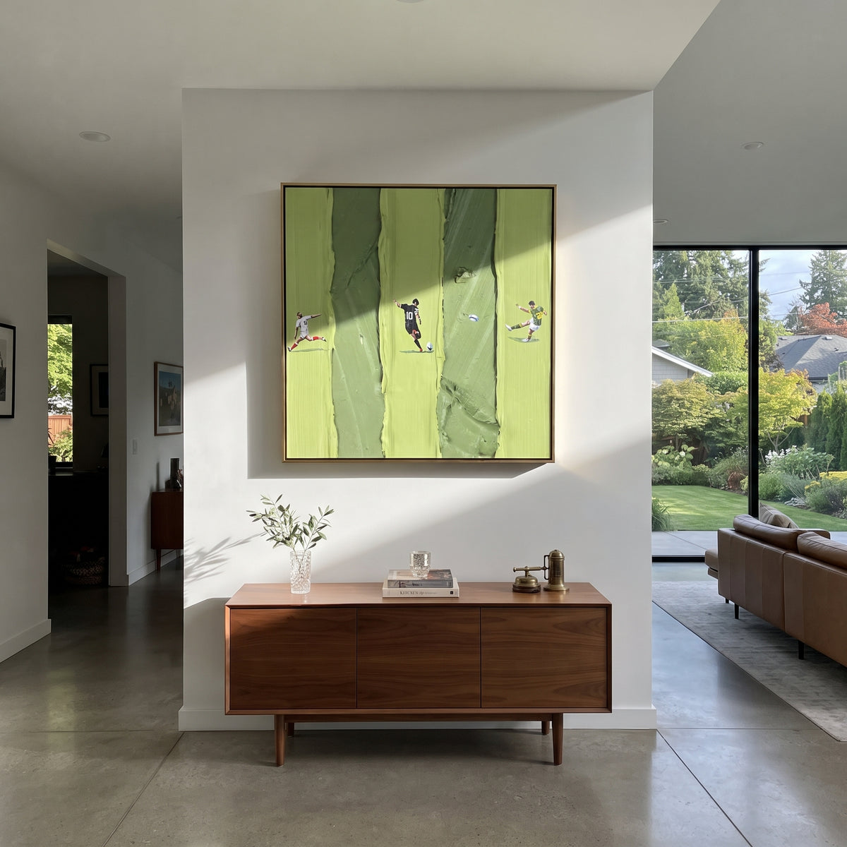 Three Lanes in Spring - aerial sports painting shown in modern room setting 3