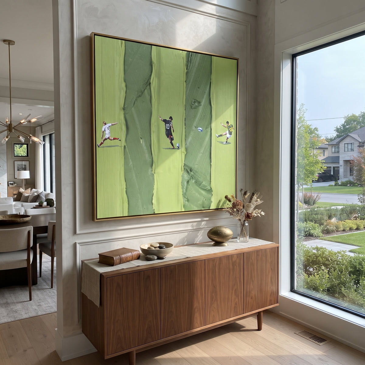Three Lanes in Spring - aerial sports painting shown in modern room setting 4
