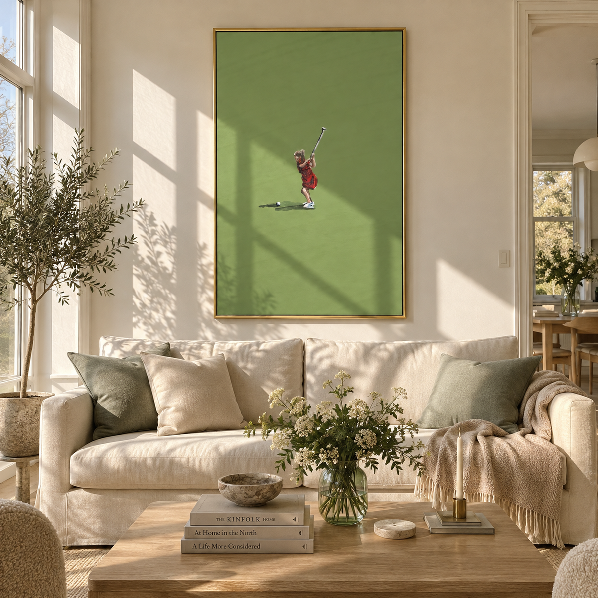Red Serve - tennis player painting displayed in a styled interior