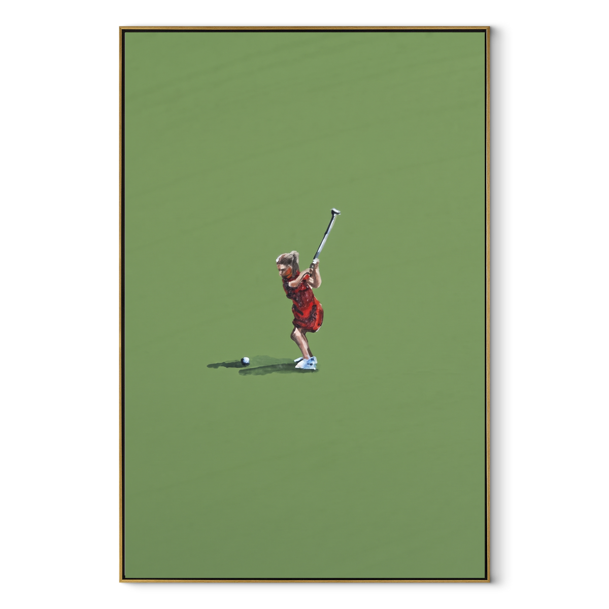 Red Serve - tennis player painting in a wood frame on white