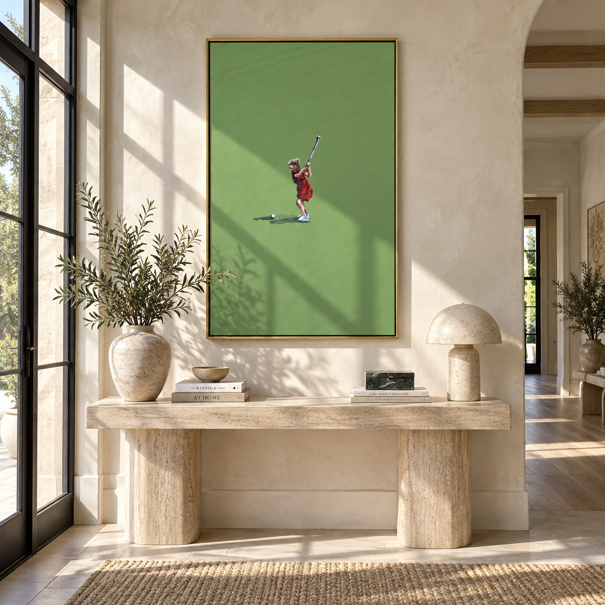 Red Serve - tennis player painting shown in modern room setting 3