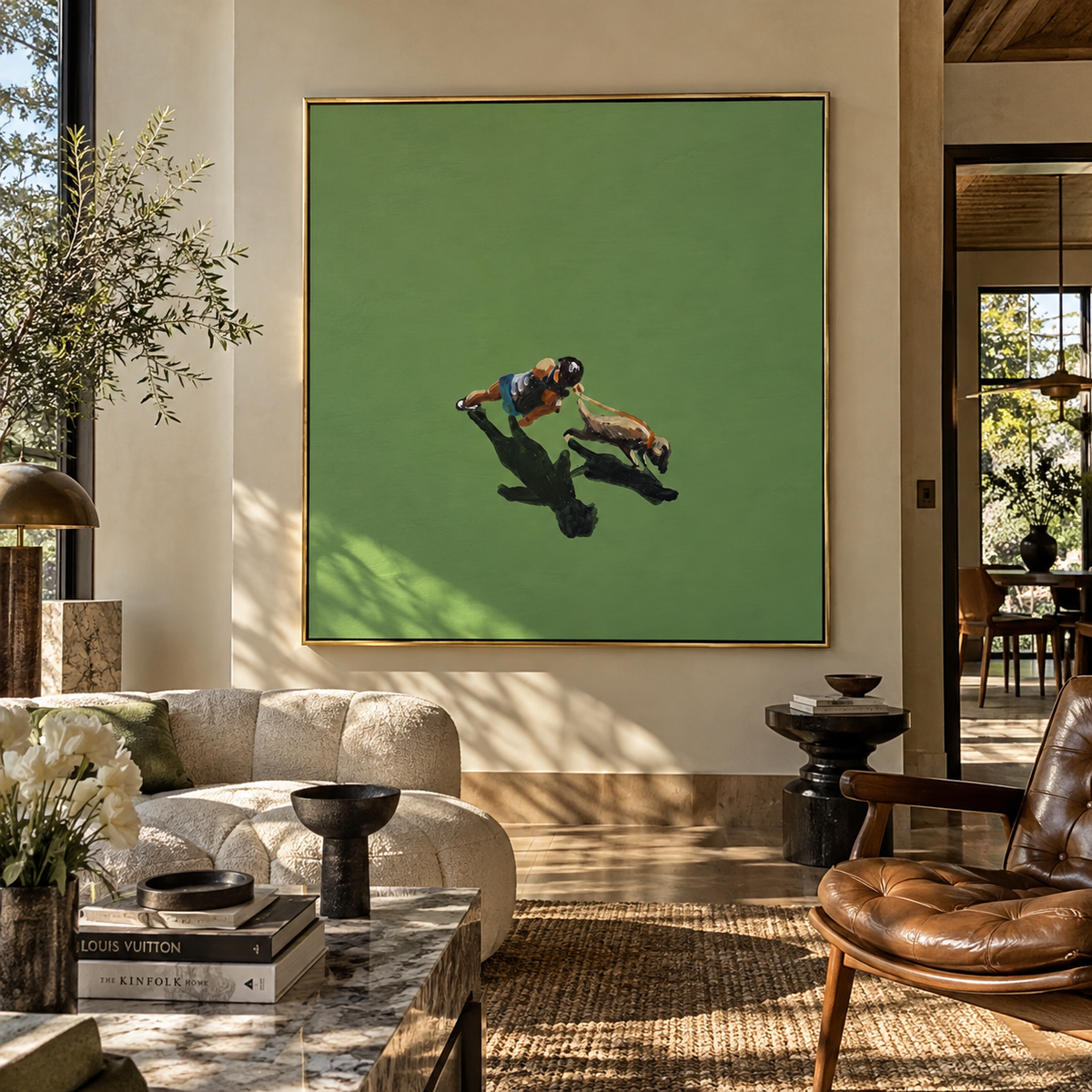 Green Field Practice - aerial golfer painting displayed in a styled interior