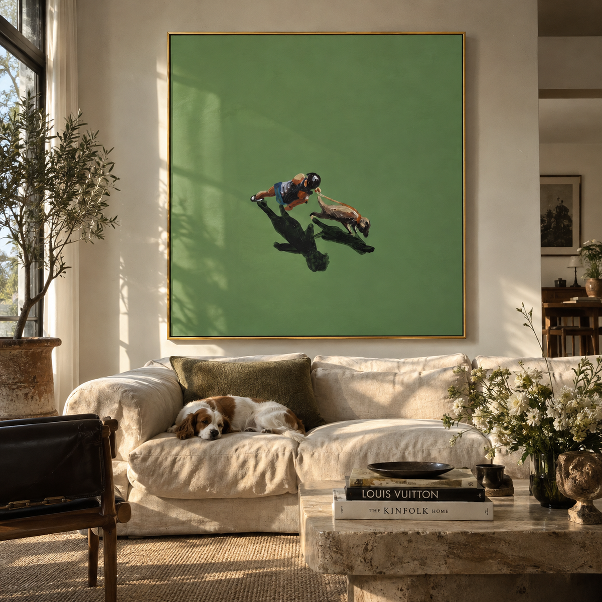 Green Field Practice - aerial golfer painting shown in modern room setting 3