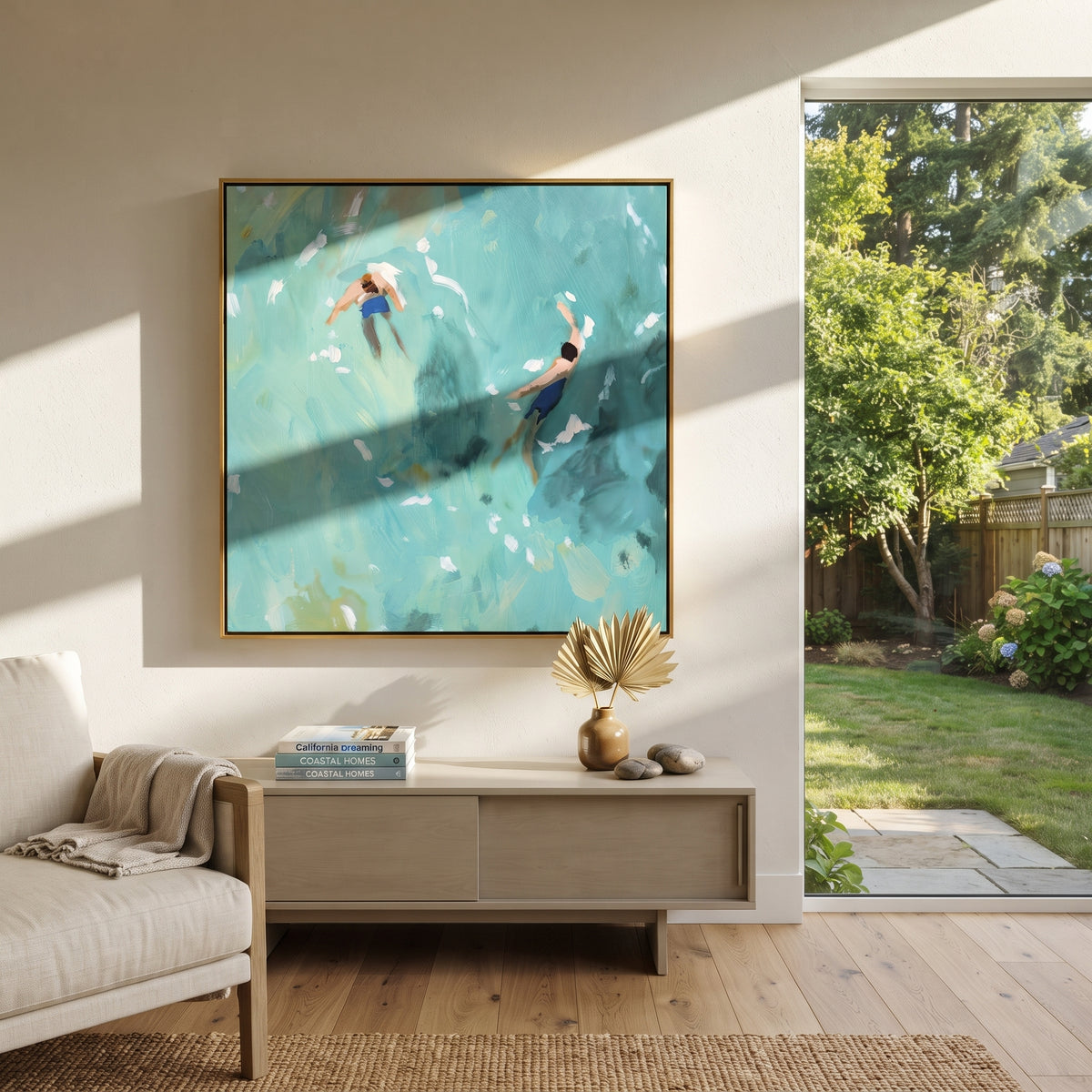 Turquoise Drift - two swimmers painting shown in modern room setting 2