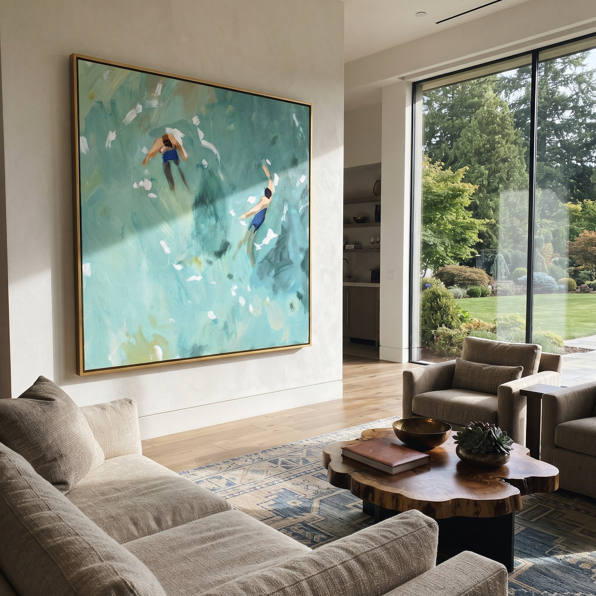 Turquoise Drift - two swimmers painting shown in modern room setting 3