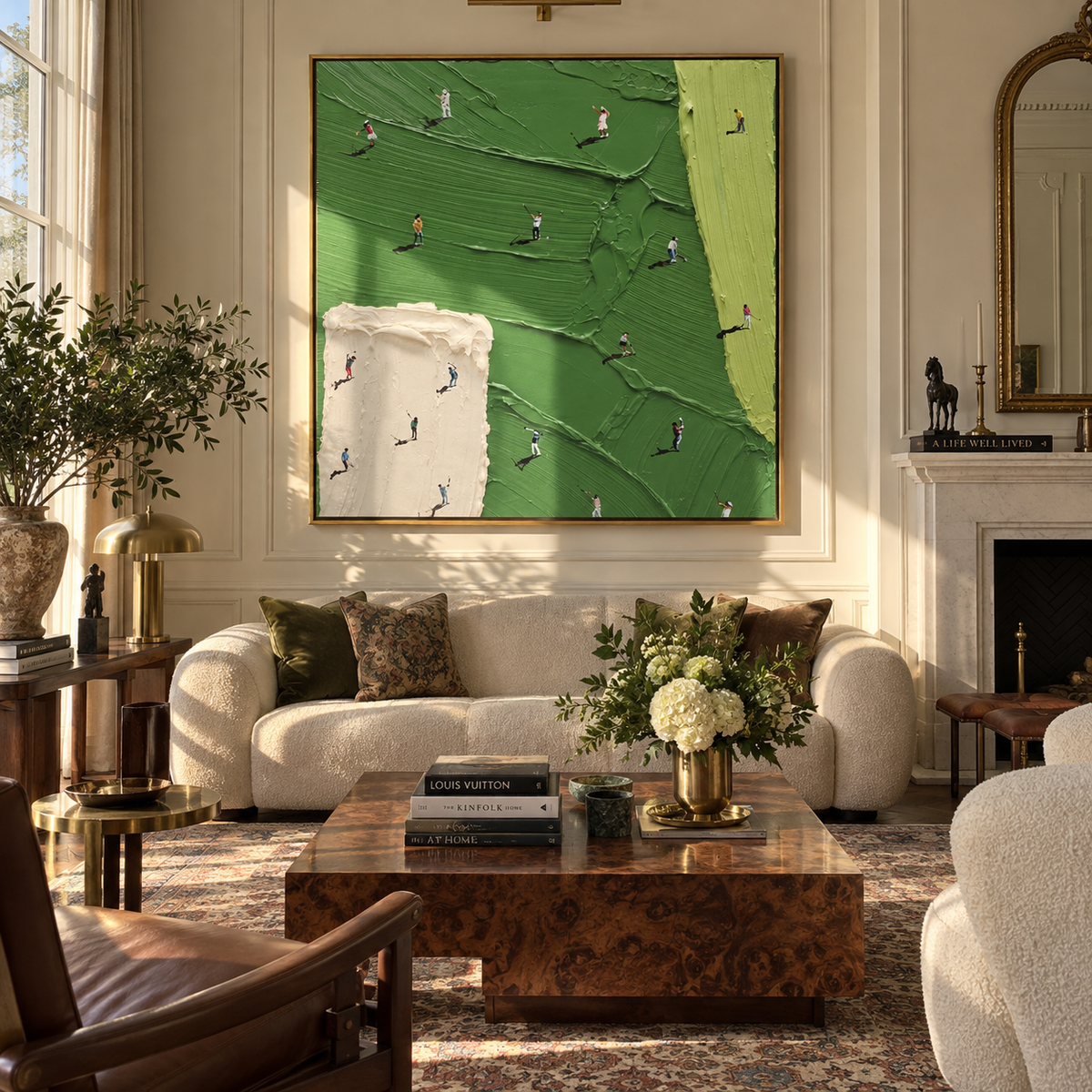 Players Between Fields - aerial sports painting displayed in a styled interior