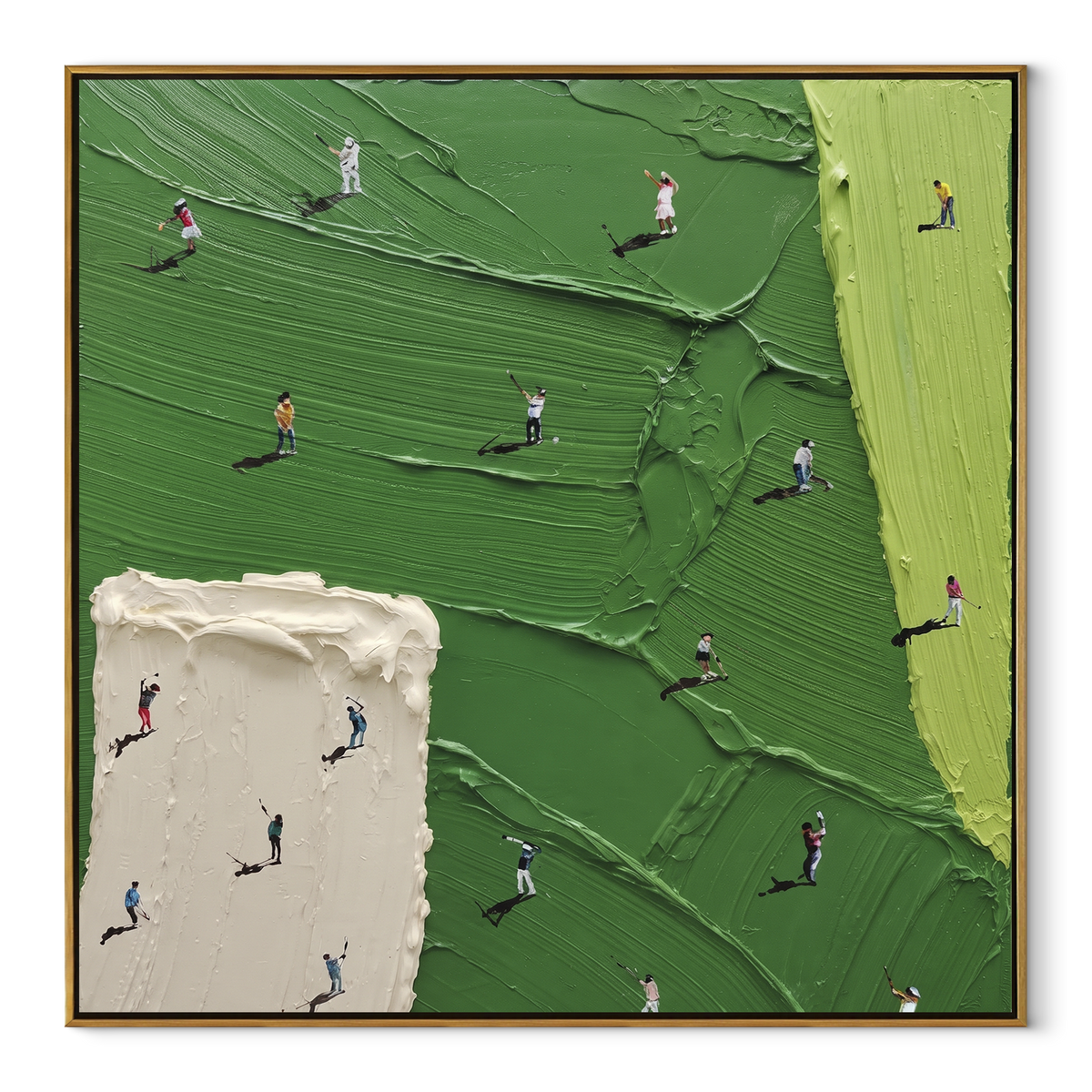 Players Between Fields - aerial sports painting in a wood frame on white