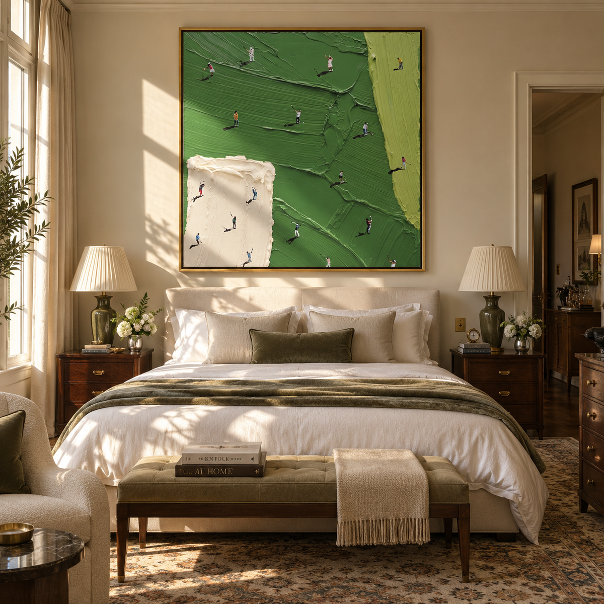 Players Between Fields - aerial sports painting shown in modern room setting 2