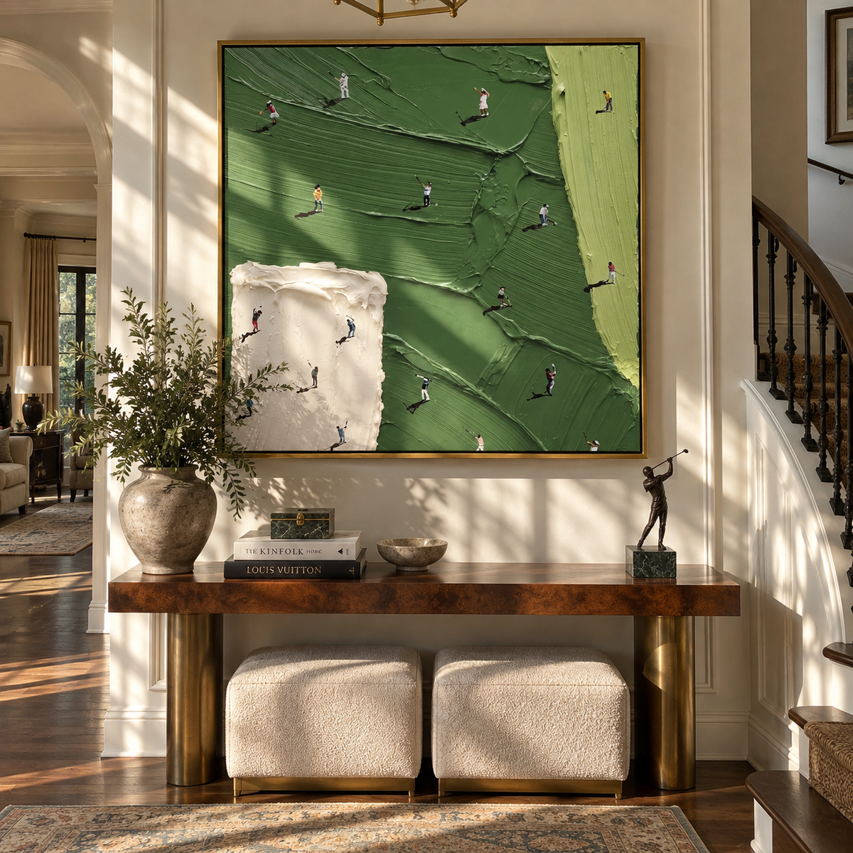 Players Between Fields - aerial sports painting shown in modern room setting 3