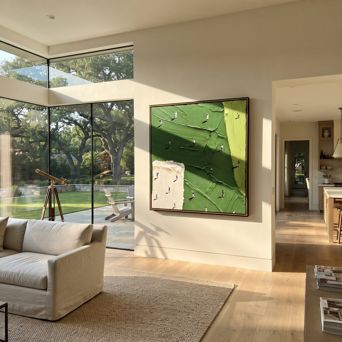 Players Between Fields - aerial sports painting shown in modern room setting 4