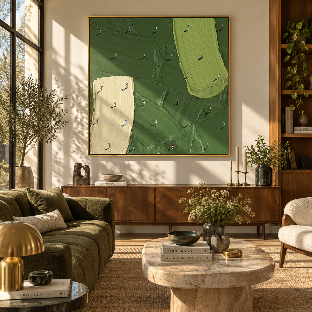 Small Figures Broad Green - aerial golf course painting shown in modern room setting 2
